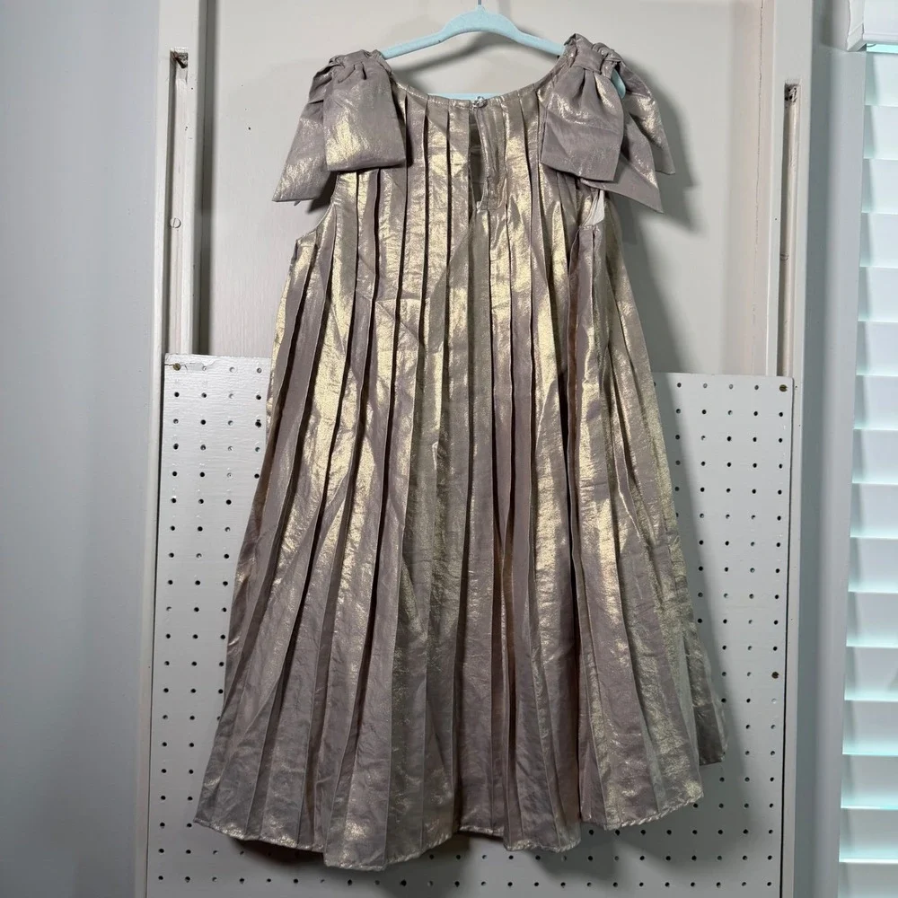 Gymboree Bow Shoulder Pleated Dress Girls Shimmer Gold Lined Sleeveless - 8